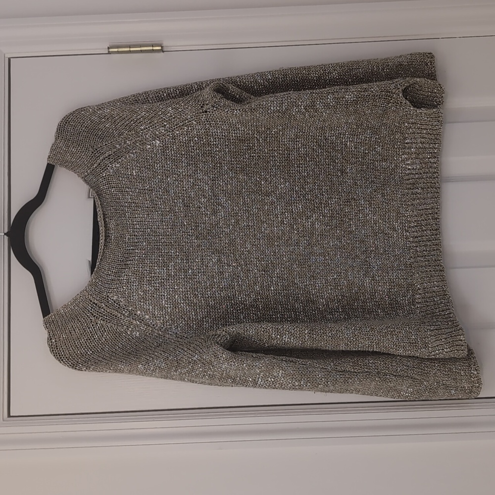 Vince Linen Blend Tan And Silver Metallic Crew Neck Sweater Relaxed Fit Small - Picture 3 of 9